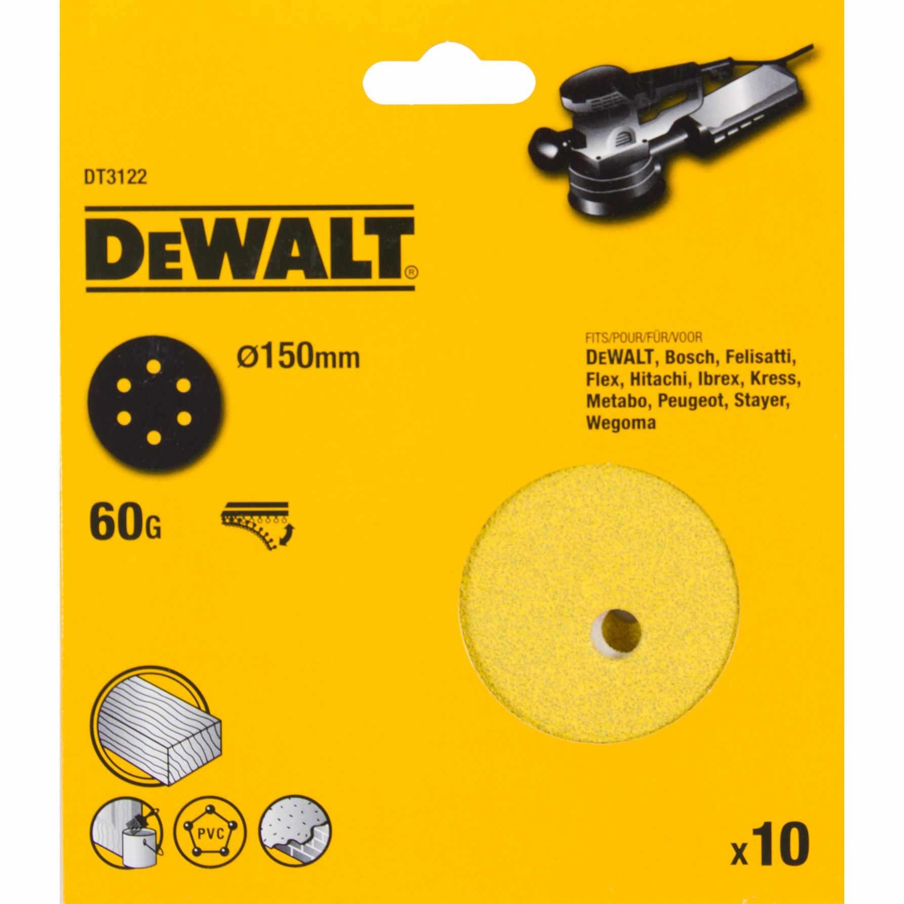 DEWALT DT3122QZ 150mm 60G Velc Sanding Disc 10pk ToolStore UK
