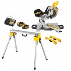 DEWALT DCS365M2 18v Mitre Saw with 2x4ah Batteries, DE7035 Stand and DE7025 Brackets
