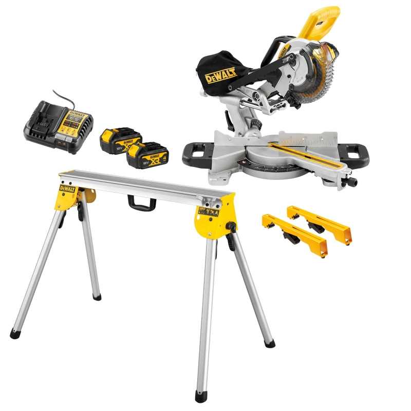 DEWALT DEWALT DCS365M2 18v Mitre Saw with 2x4ah Batteries, DE7035 Stand and DE7025 Brackets
