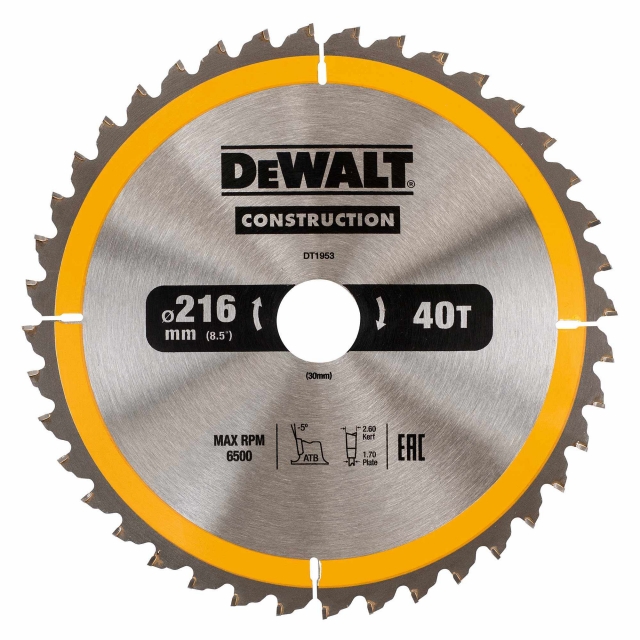 DEWALT DEWALT DT1953 216x30mm 40T Construction Saw Blade
