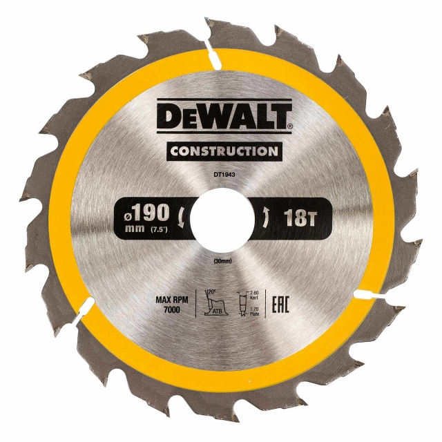 DEWALT DEWALT DT1943 190x30mm 18T Construction Circular Saw Blade AC