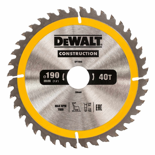 DEWALT DEWALT DT1945 190x30mm 40T Construction Circular Saw Blade AC