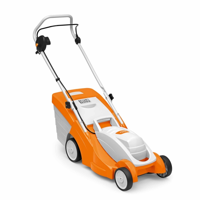 STIHL RME 339 electric lawnmower showing adjustable cutting height, foldable handlebar, and integrated cable strain relief.